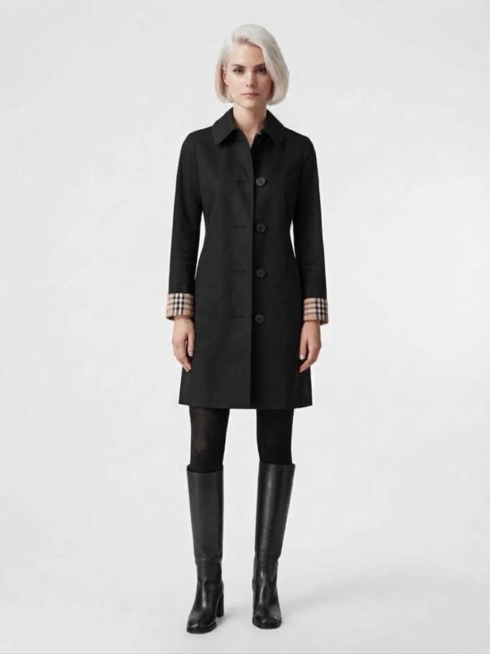 Hana by Tamotsu Vintage Black Button Down Trench Coat with Checked Cuff Accent